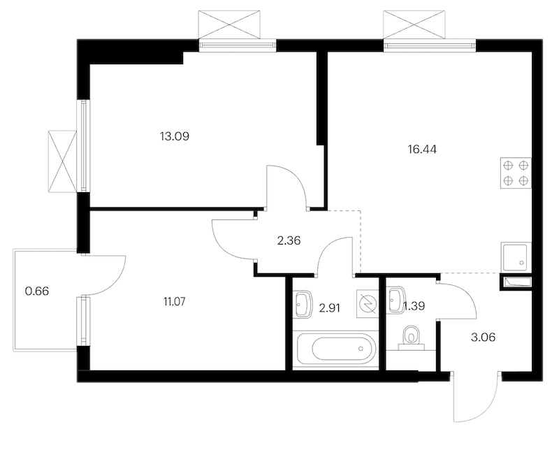 2-комнатная квартира 50.98 м², 18/24 эт., ЖК «Заречный парк»